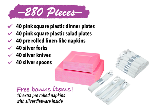 Disposable dinnerware set for 40 guests 280 pieces Includes: : 40 pink square plastic dinner plates, 40 salad plates, 50 pre-rolled linen feel napkins with silver spoons, forks & knives wrapped inside.
