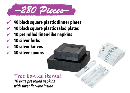 Disposable dinnerware set for 40 guests 280 pieces Includes: 40 black square plastic dinner plates, 40 salad plates, 50 pre-rolled linen feel napkins with silver spoons, forks & knives wrapped inside.