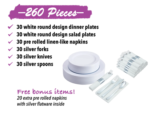 260 -Piece white dinnerware set for 30 guests Includes: 60 white design plastic plates, 250 silver colored silverware utensils, 50 napkins & 50 cups