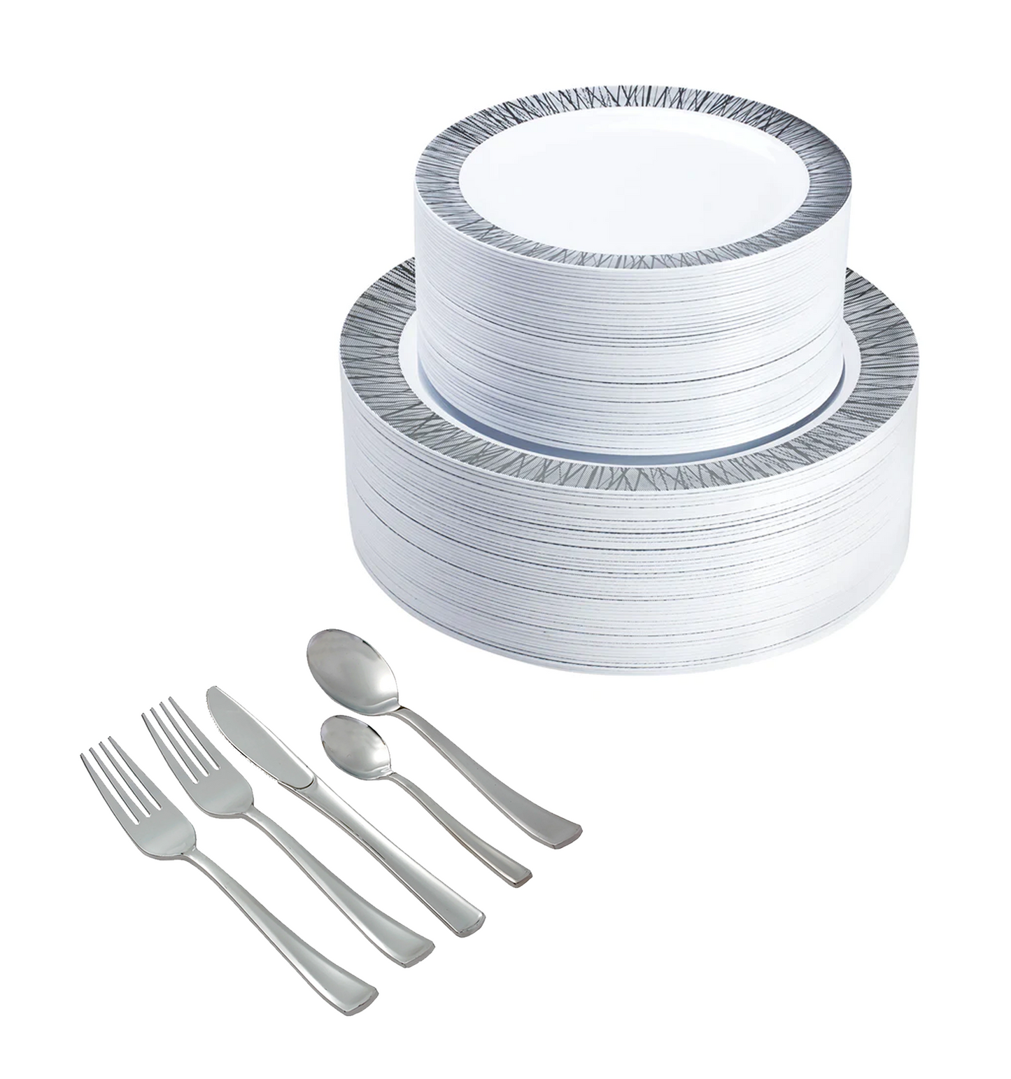 350-piece silver dinnerware set for 50 guests: 100 silver design plastic plates, 250 silver-colored plastic silverware utensils
