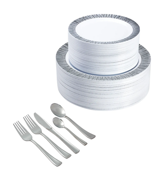 350-piece silver dinnerware set for 50 guests: 100 silver design plastic plates, 250 silver-colored plastic silverware utensils