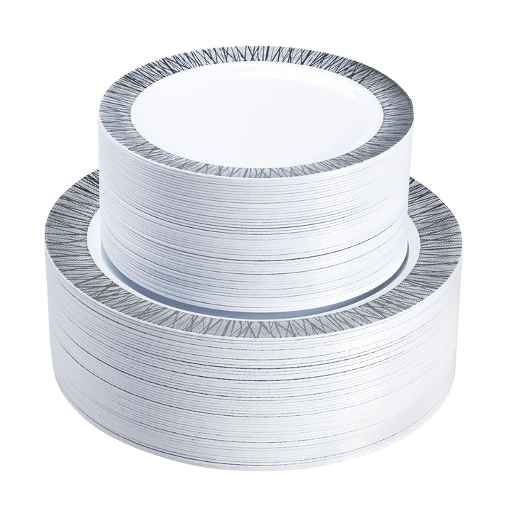 350-Piece Silver Dinnerware set for 50 guests Includes: 100 silver design plastic plates, 250 silver-colored plastic silverware utensils