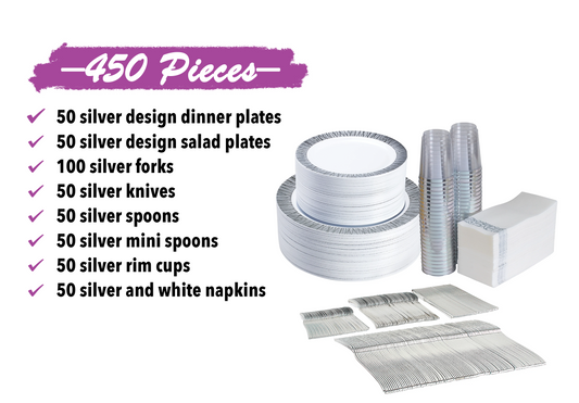450 -Piece Silver dinnerware set for 50 guests Includes: 100 silver design plastic plates, 250 plastic silverware utensils, 50 napkins & 50 cups