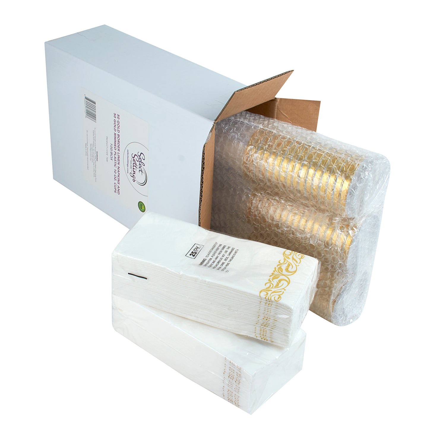 50 Gold Border disposable dinner napkins and 50 gold rim disposable plastic 10 oz. cups