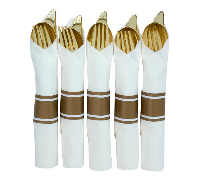 300-piece Gold Dinnerware Set for 50 guests Includes: 100 gold marble design plastic plates & 50 pre-wrapped gold silverware sets