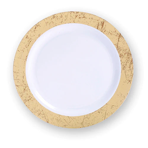 450 -Piece gold dinnerware set for 50 guests Includes: 100 gold marble design plastic plates, 250 gold plastic silverware utensils, 50 napkins & 50 cups