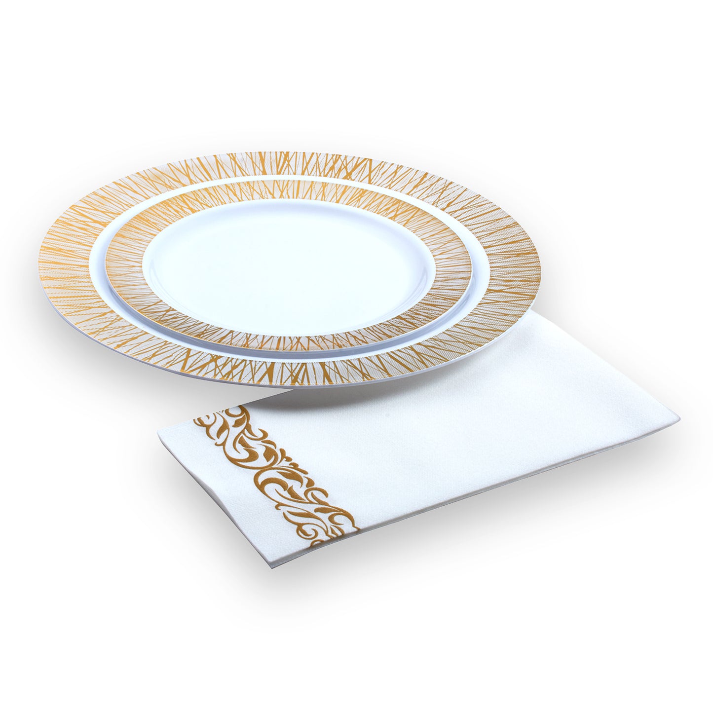 200 pc. Disposable Linen-Feel Dinner Napkins / Guest towels (White With Gold Trim Design)