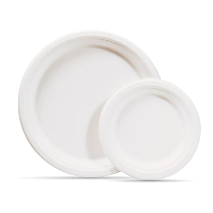 300-piece Compostable eco-friendly dinnerware set for 50 guests. Includes: 100 white round plates & 200 utensils