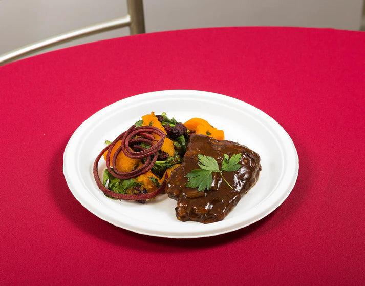 300-piece Compostable eco-friendly dinnerware set for 50 guests. Includes: 100 white round plates & 200 utensils