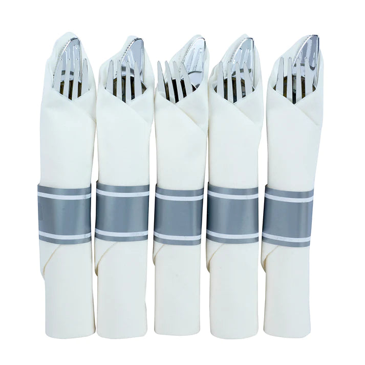 Disposable dinnerware set for 40 guests 280 pieces Includes: 40 white square plastic dinner plates, 40 salad plates, 50 pre-rolled linen feel napkins with silver spoons, forks & knives wrapped inside.