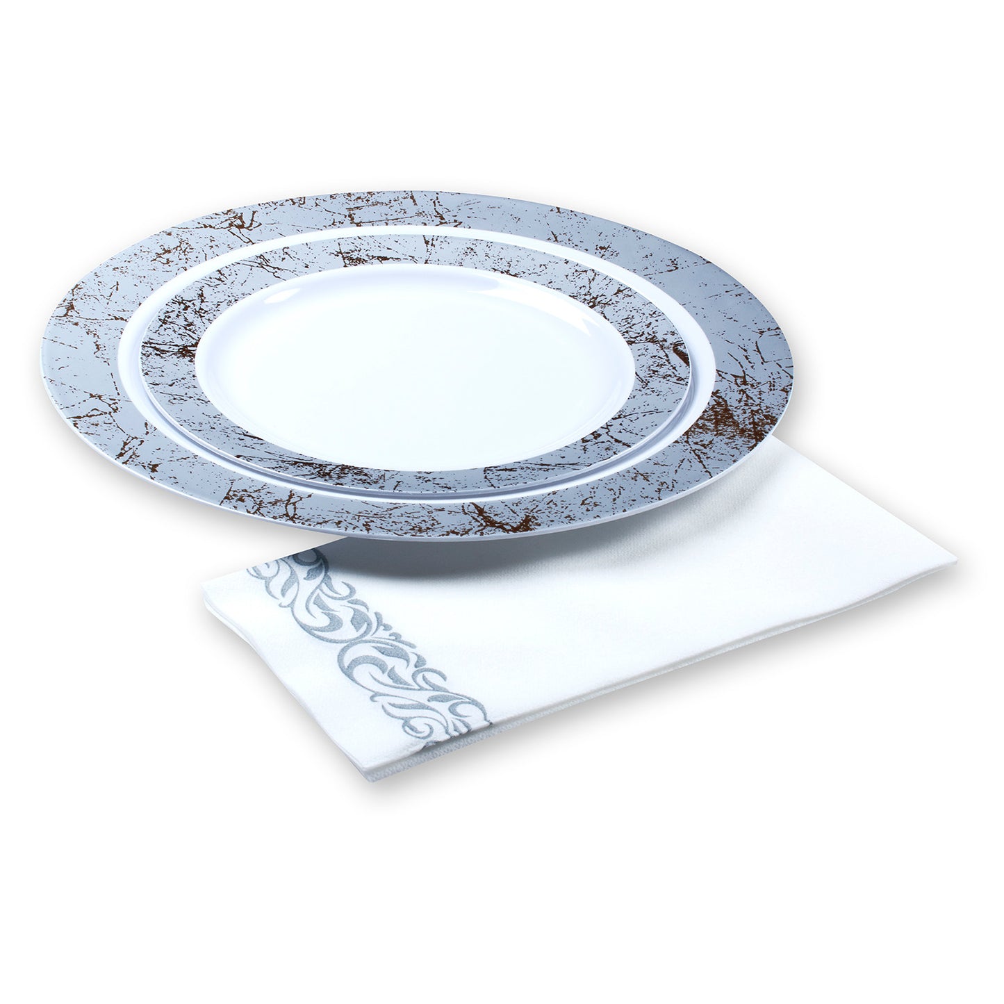 200 pc. Disposable Linen-Feel Dinner Napkins / Guest towels (White With Silver Trim Design)