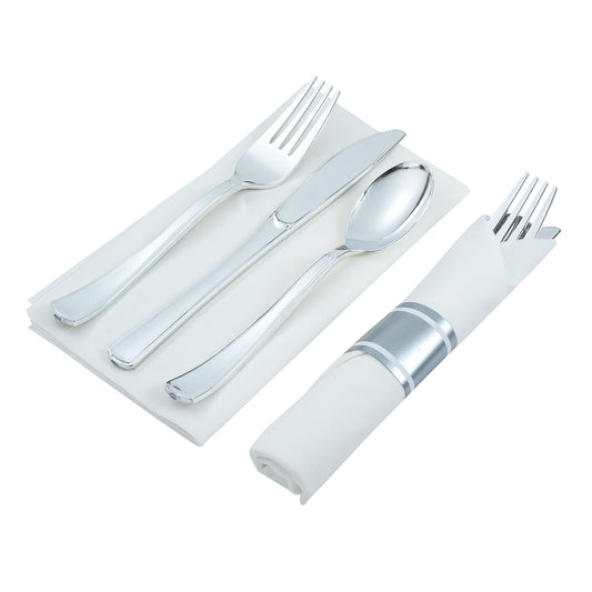 200 Piece Pre-rolled silver-colored plastic silverware set (for 50 guests) In each napkin pack, you will find 1 fork, 1 knife, and 1 spoon, all wrapped up inside.