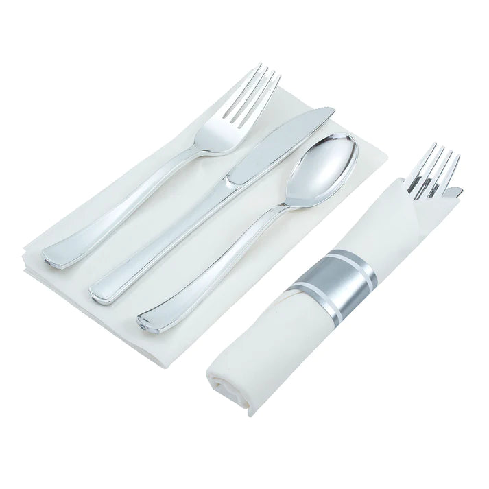 300-piece Silver Dinnerware Set for 50 guests Includes: 100 silver design plastic plates & 50 pre-wrapped silver-colored silverware sets