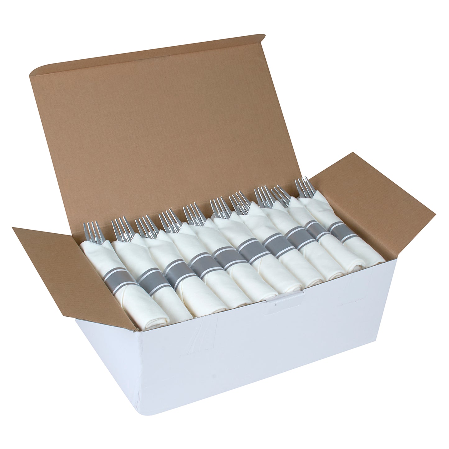 200 Piece Pre-rolled silver-colored plastic silverware set (for 50 guests) In each napkin pack, you will find 1 fork, 1 knife, and 1 spoon, all wrapped up inside.