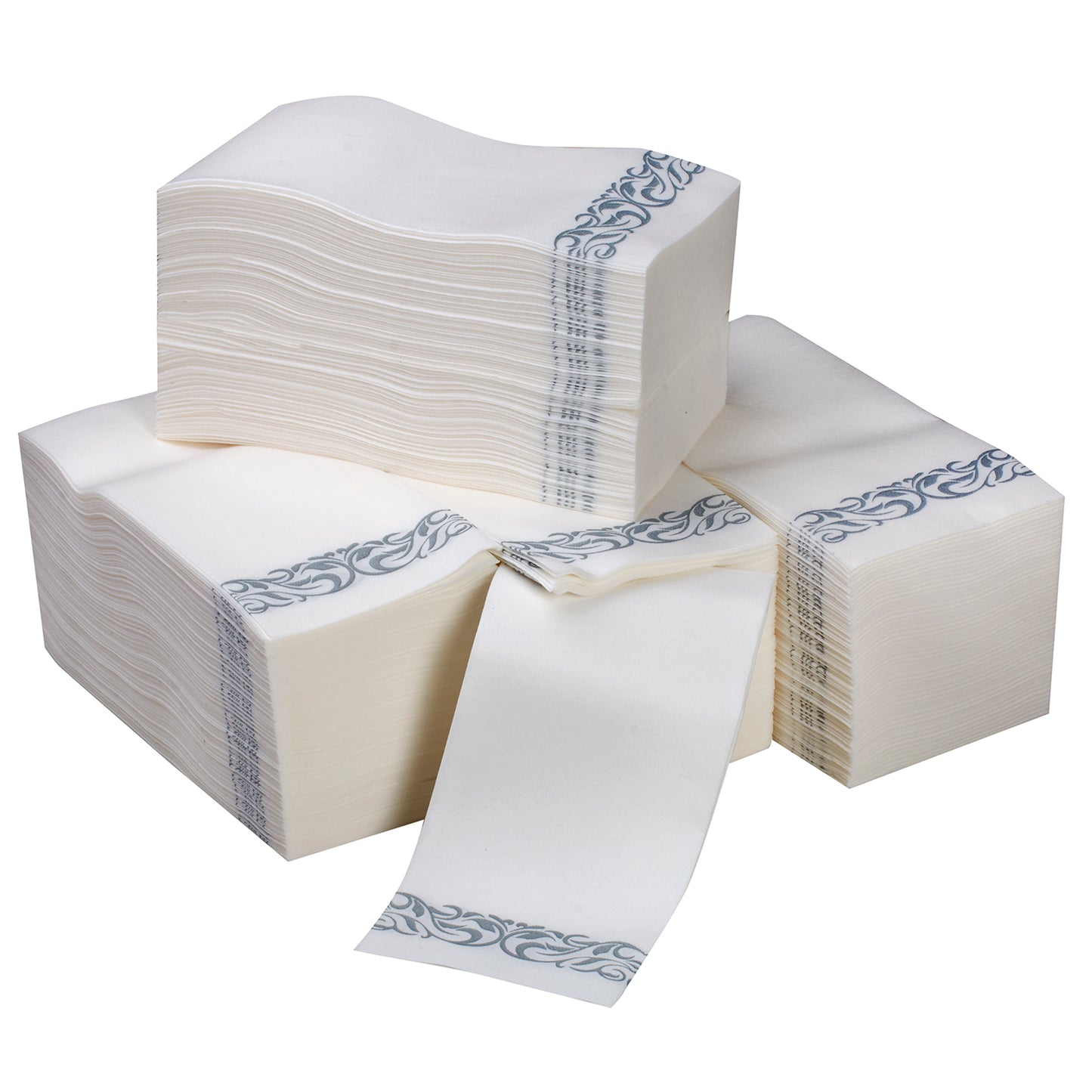 200 pc. Disposable Linen-Feel Dinner Napkins / Guest towels (White With Silver Trim Design)