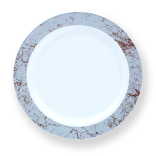 100 plates total - 50 plastic dinner plates and 50 plastic salad plates- silver marble design