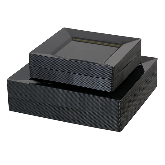 330 -Piece black square dinnerware set for 40 guests Includes: 80 black square plastic plates & 250 plastic gold silverware utensils