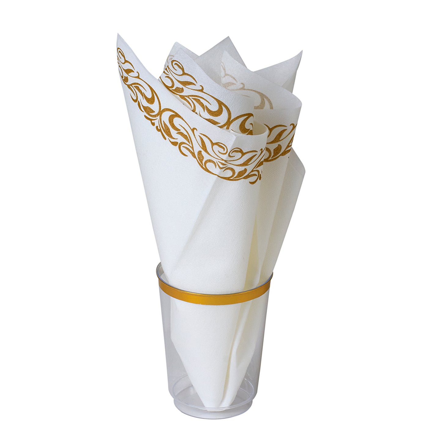 50 Gold Border disposable dinner napkins and 50 gold rim disposable plastic 10 oz. cups