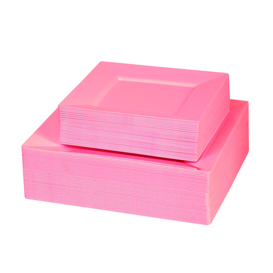 330 -Piece pink square dinnerware set for 40 guests Includes: 80 pink square plastic plates & 250 plastic gold silverware utensils