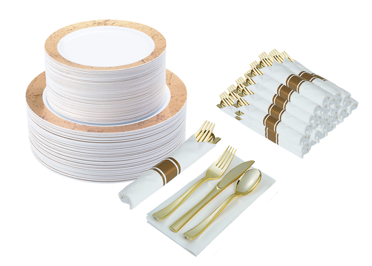 300-piece gold dinnerware set for 50 guests: 100 gold marble design plastic plates, 50 pre-wrapped gold silverware sets