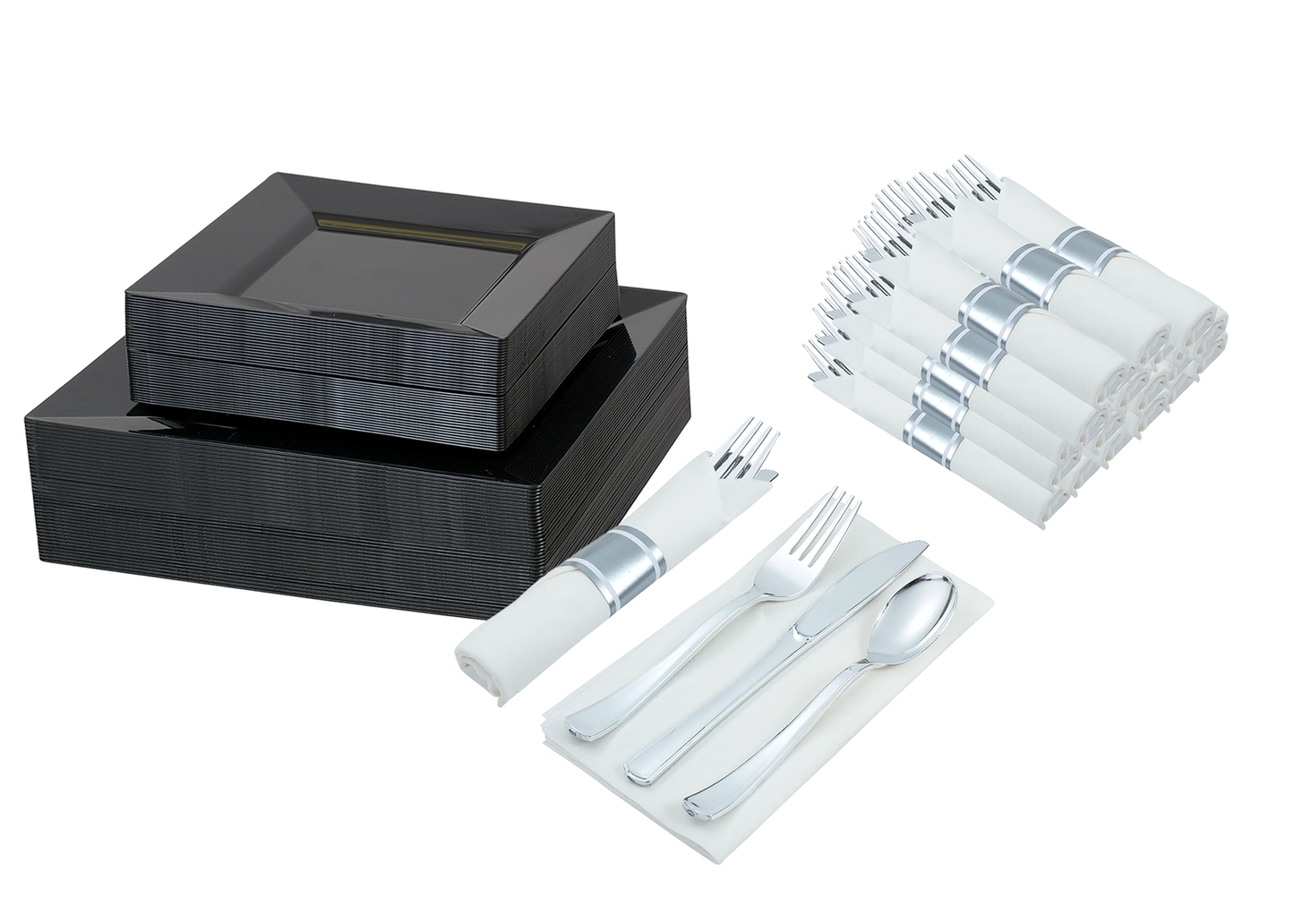 Disposable dinnerware set for 40 guests 280 pieces Includes: 40 black square plastic dinner plates, 40 salad plates, 50 pre-rolled linen feel napkins with silver spoons, forks & knives wrapped inside.