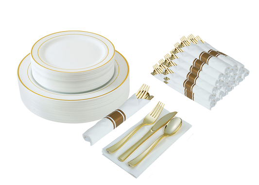 300-piece gold dinnerware set for 50 guests: 100 gold rim plastic plates, 50 pre-wrapped gold silverware sets