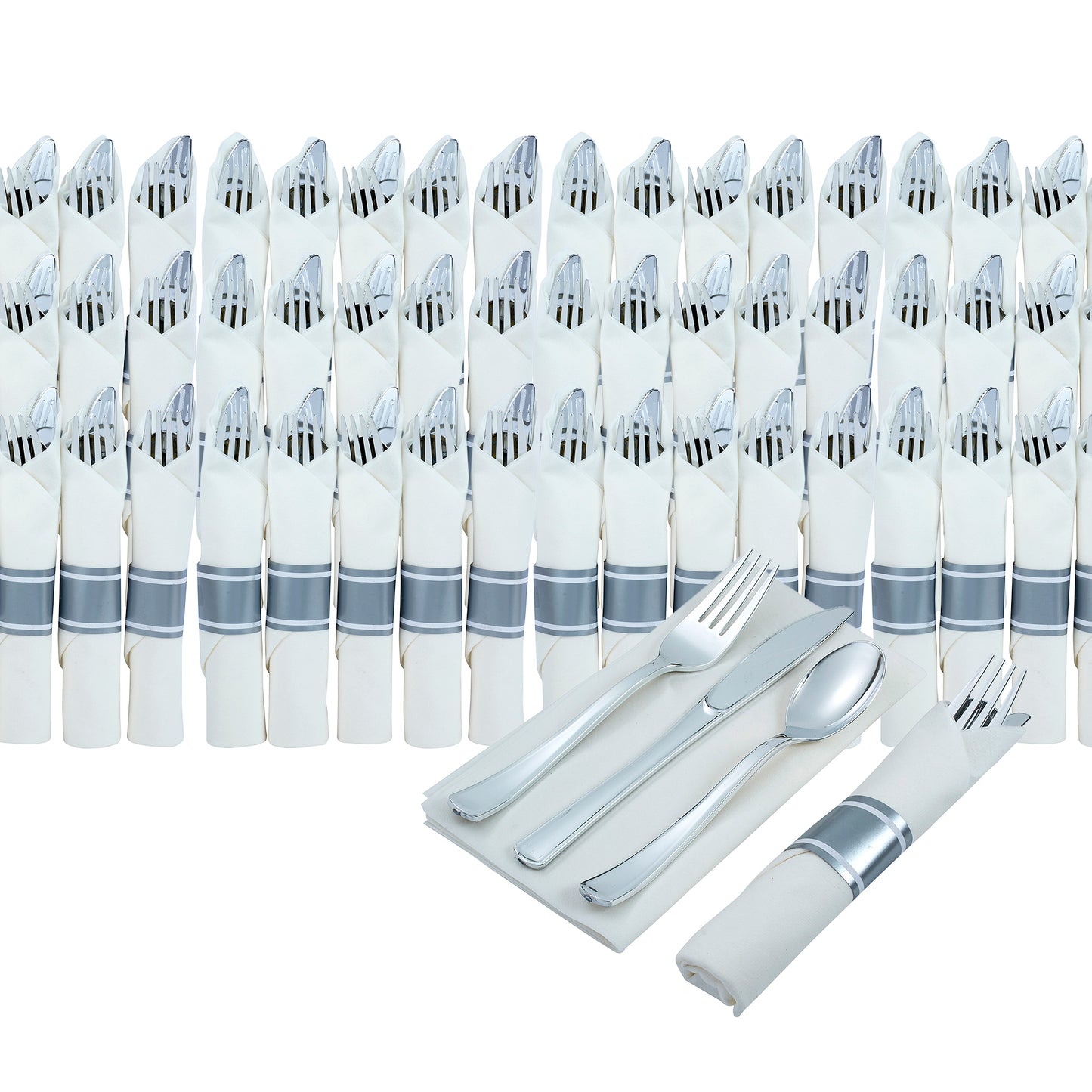 200 Piece Pre-rolled silver-colored plastic silverware set (for 50 guests) In each napkin pack, you will find 1 fork, 1 knife, and 1 spoon, all wrapped up inside.