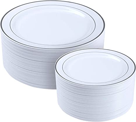 350-Piece Silver Dinnerware set for 50 guests Includes: 100 silver rim plastic plates, 250 Silver-colored silverware utensils