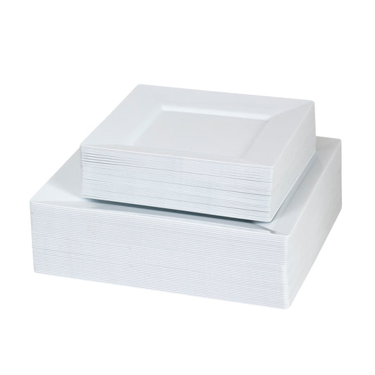 330 -Piece white square dinnerware set for 40 guests Includes: 80 white square plastic plates & 250 silver-colored silverware utensils