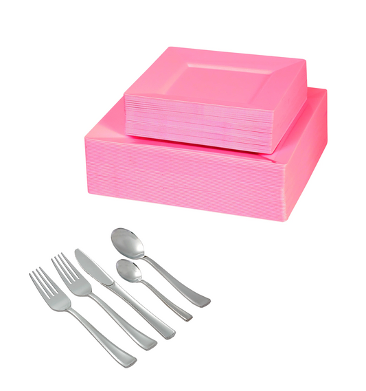 330 -Piece pink square dinnerware set for 40 guests Includes: 80 pink square plastic plates & 250 silver-colored silverware utensils