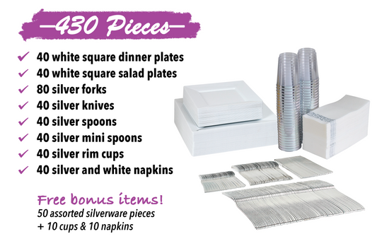 430-piece white dinnerware set for 40 guests. Includes: 80 white square plastic plates, 250 silver-colored plastic silverware, 40 napkins & 40 cups