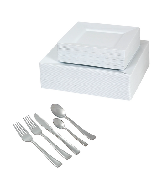 330 -Piece white square dinnerware set for 40 guests Includes: 80 white square plastic plates & 250 silver-colored silverware utensils