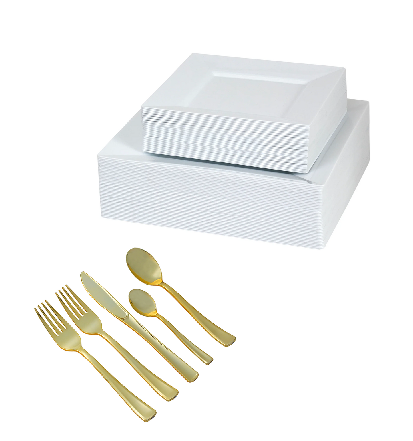 330-piece white square dinnerware set for 40 guests: 80 white square plastic plates, 250 plastic gold silverware utensils