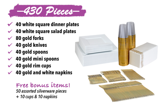 430-piece white dinnerware set for 40 guests. Includes: 80 white square plastic plates, 250 gold plastic silverware, 40 napkins & 40 cups