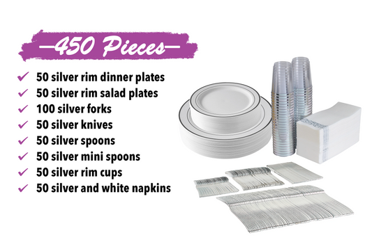 450-Piece Silver Dinnerware Set for 50 guests Includes: 100 silver rim plastic plates, 250 plastic silverware utensils, 50 napkins & 50 cups