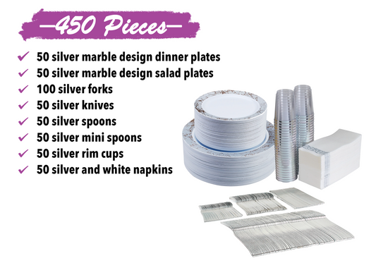 450 -Piece Silver dinnerware set for 50 guests Includes: 100 silver marble design plastic plates, 250 plastic silverware utensils, 50 napkins & 50 cups