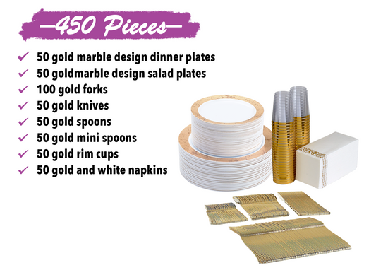 450 -Piece gold dinnerware set for 50 guests Includes: 100 gold marble design plastic plates, 250 gold plastic silverware utensils, 50 napkins & 50 cups