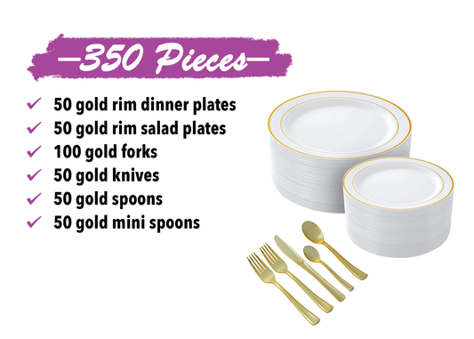 350-Piece Gold Dinnerware set for 50 guests Includes: 100 gold rim plastic plates, 250 gold plastic silverware utensils