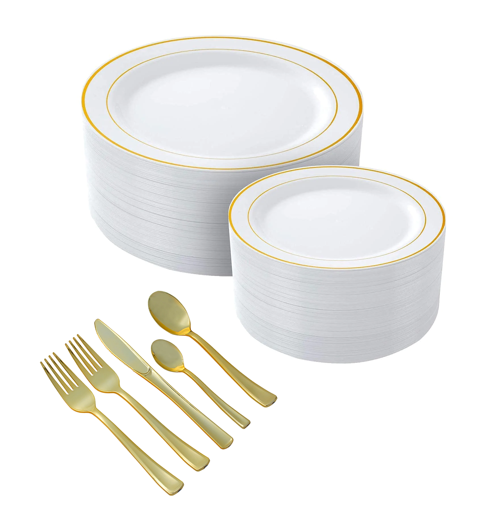 350-piece gold dinnerware set for 50 guests: 100 gold rim plastic plates, 250 gold plastic silverware utensils.