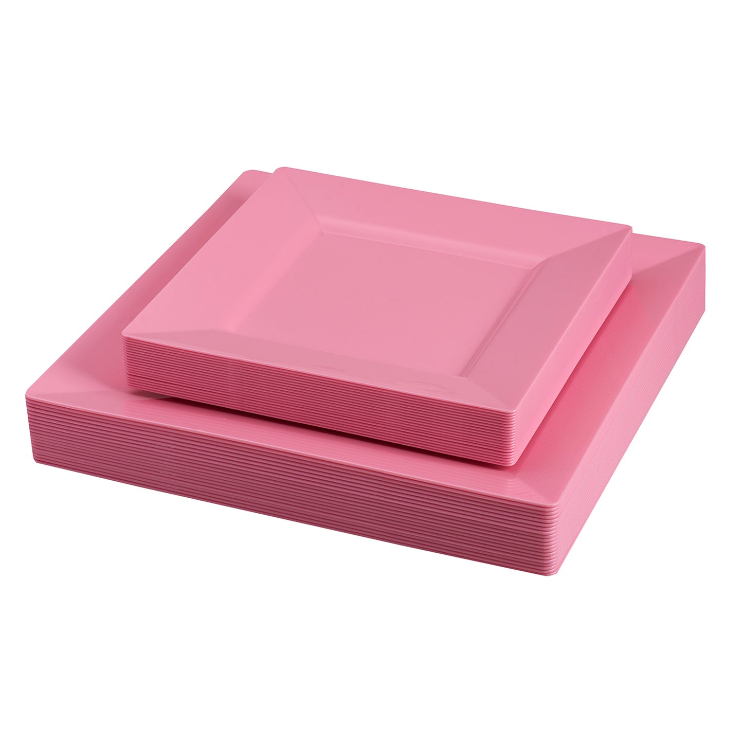 40 pc. set. Includes: 20 square, Pink, plastic dinner plates & 20 Square, Pink, plastic salad plates