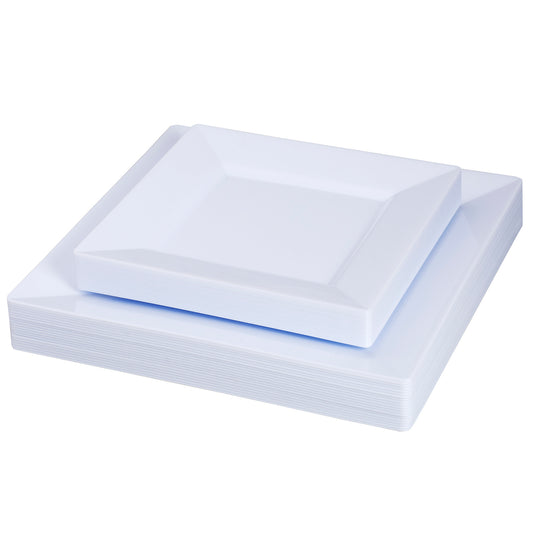 40 pc. White Square Plastic Plates: Sturdy and Disposable - 20 Dinner Plates and 20 Salad Plates
