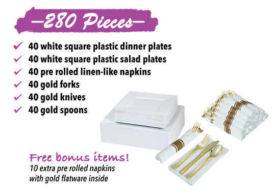 Disposable dinnerware set for 40 guests 280 pieces Includes: 40 white square plastic dinner plates, 40 salad plates, 50 pre-rolled linen feel napkins with gold spoons, forks & knives wrapped inside.