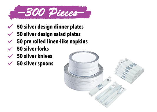 300-piece Silver Dinnerware Set for 50 guests Includes: 100 silver design plastic plates & 50 pre-wrapped silver-colored silverware sets