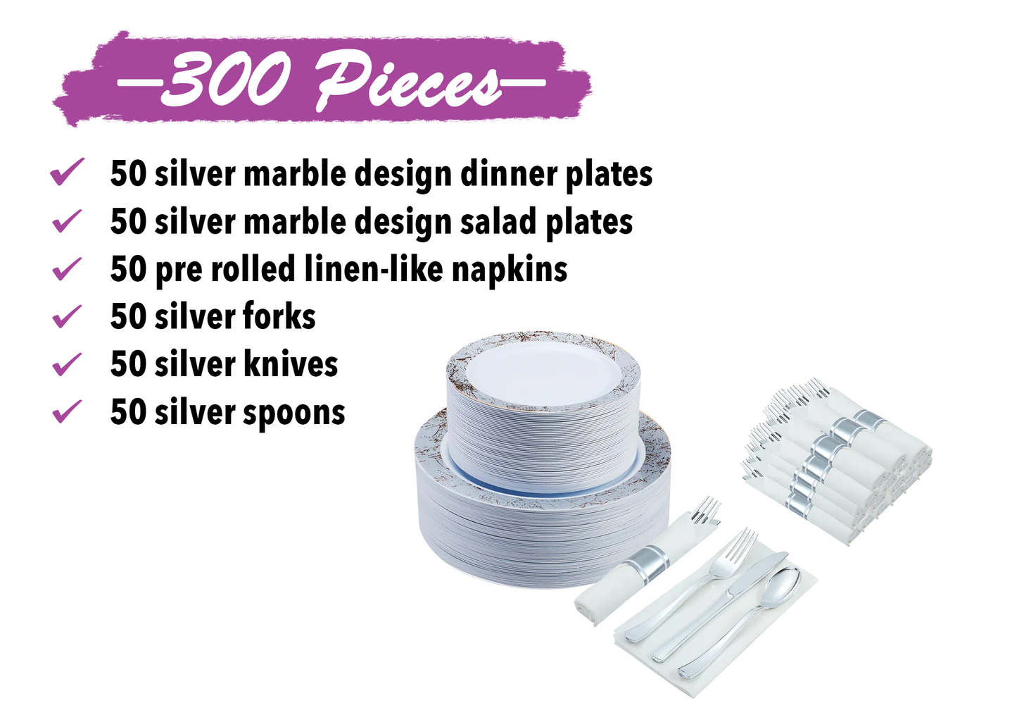 300-piece Silver Dinnerware Set for 50 guests Includes: 100 silver marble design plastic plates & 50 pre-wrapped silver-colored silverware sets