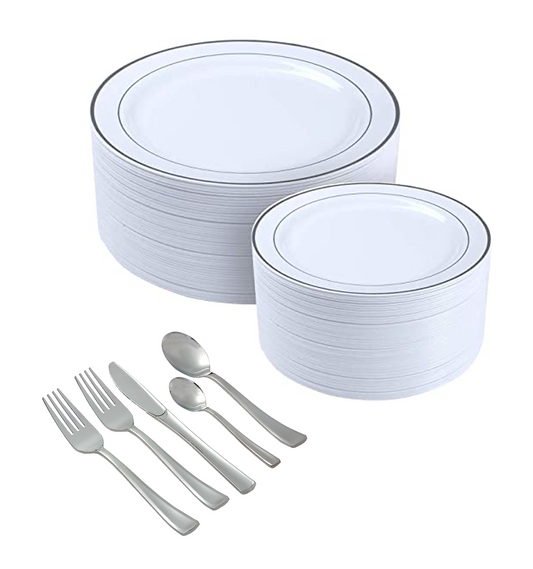 350-piece silver dinnerware set for 50 guests: 100 silver rim plastic plates, 250 silver-colored silverware utensils