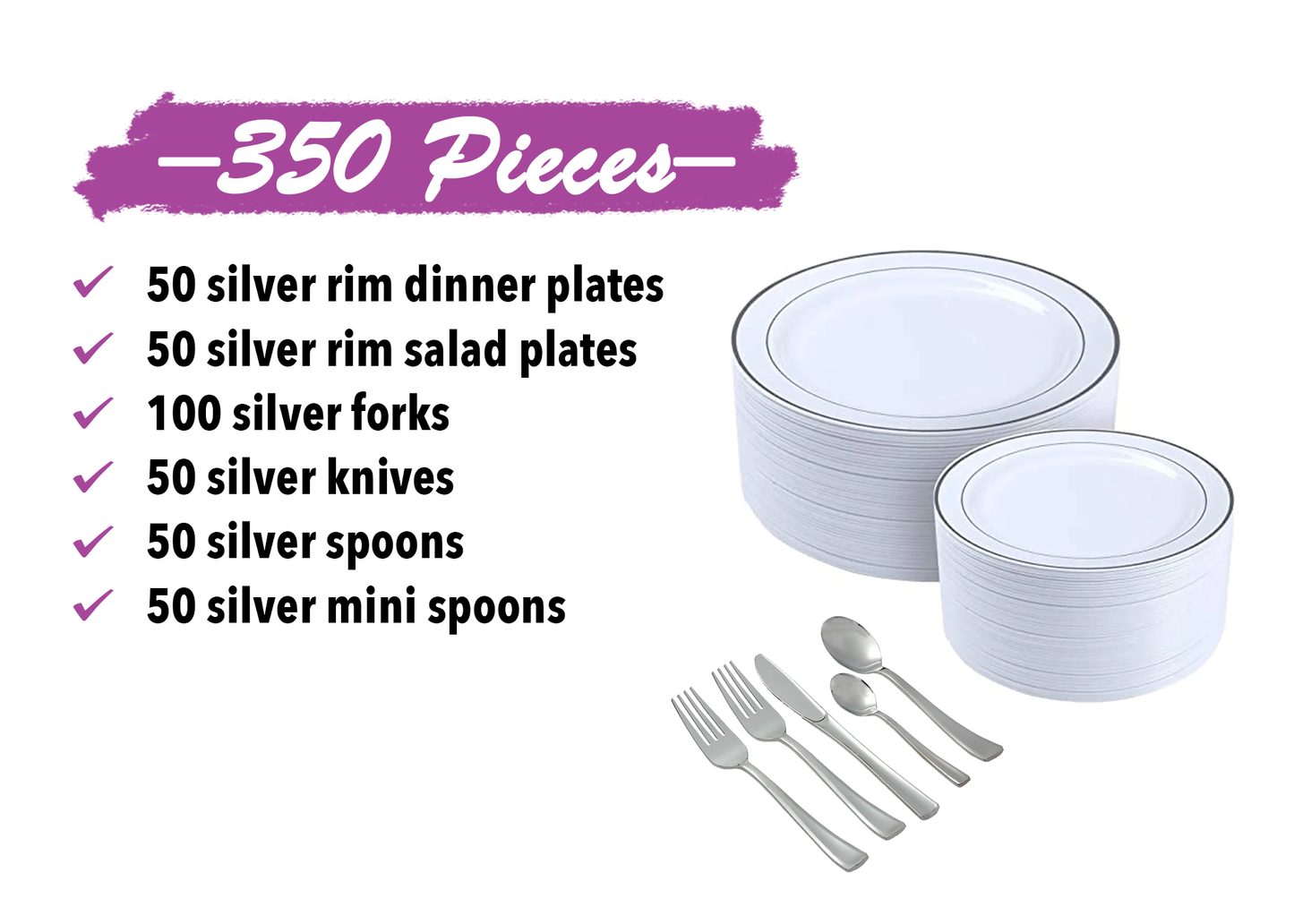350-Piece Silver Dinnerware set for 50 guests Includes: 100 silver rim plastic plates, 250 Silver-colored silverware utensils