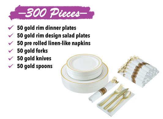 disposable dinnerware set gold plastic pates golf rim 