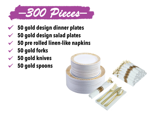 300-piece Gold Dinnerware Set for 50 guests Includes: 100 gold design plastic plates & 50 pre-wrapped gold silverware sets