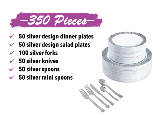 350-Piece Silver Dinnerware set for 50 guests Includes: 100 silver design plastic plates, 250 silver-colored plastic silverware utensils
