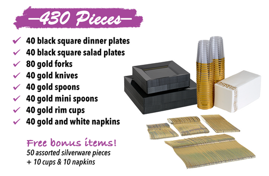 Complete dinnerware set for 40 guests, with black square plates, gold utensils, napkins, and cups."